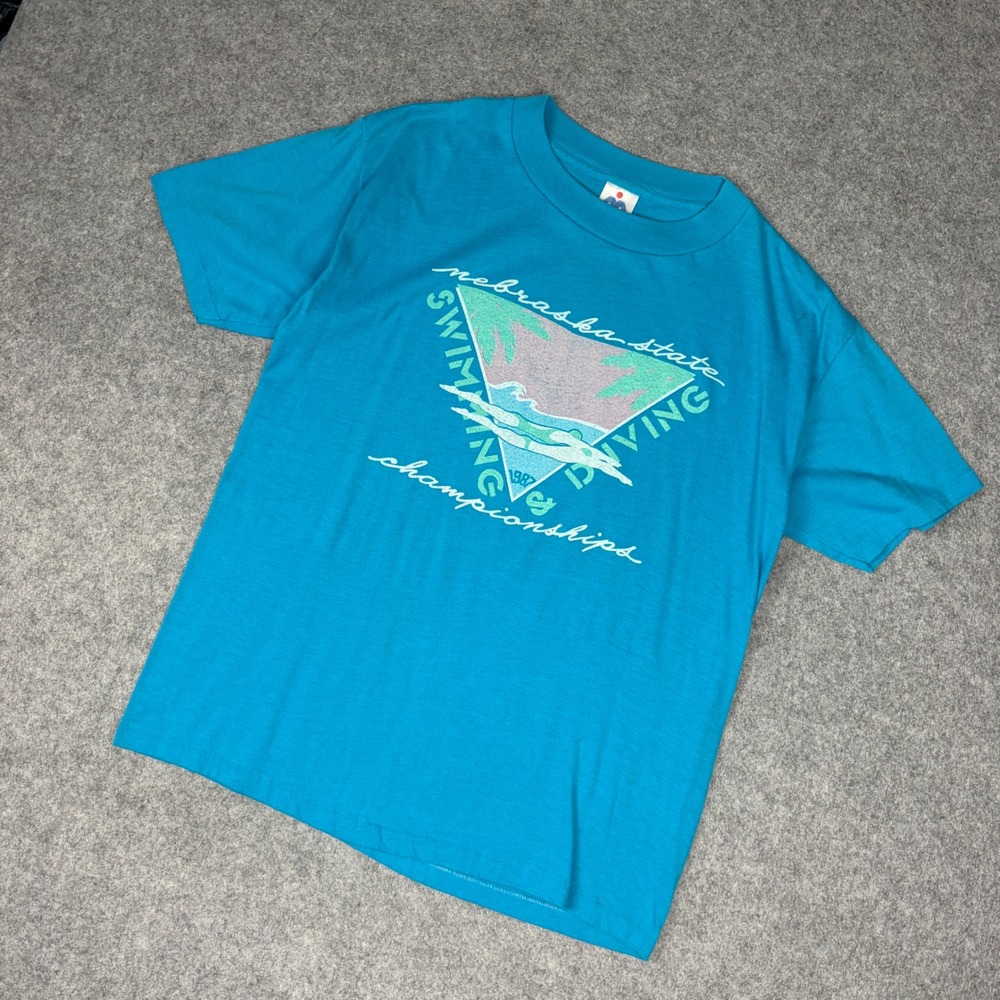 Vintage 1987 Nebraska State Swimming Diving Miller T-Shirt XL Teal Single Stitch